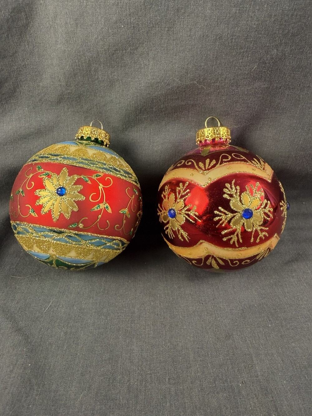 Set Of 2 G&D Ornaments Bulbs Flowers Glitter Gems